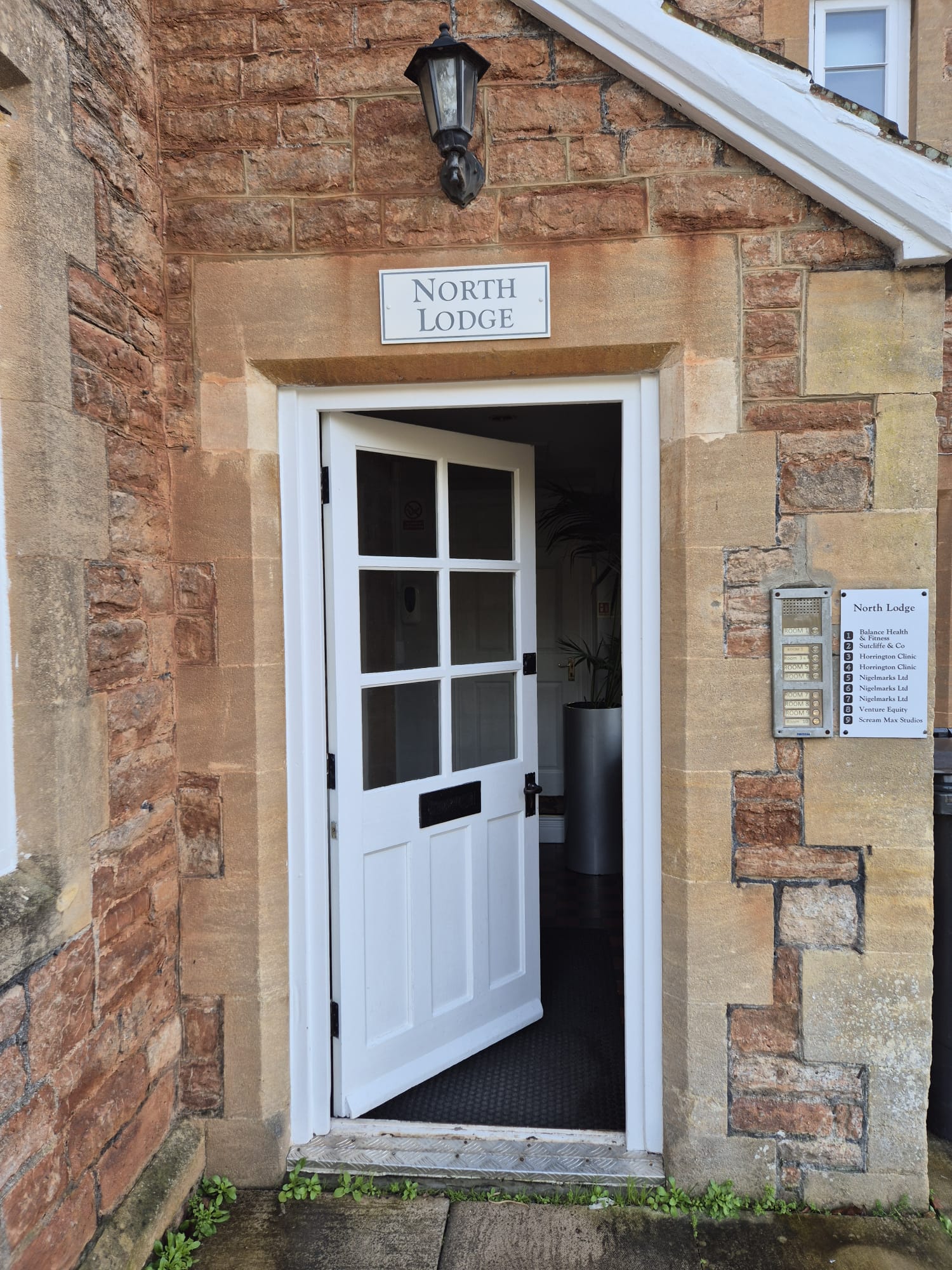 Entrance to je clinic at North Lodge Court, Horrington, Wells